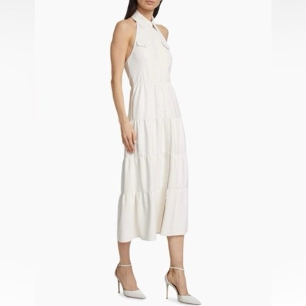 NWT, ALICE + OLIVIA Miranda tiered ivory faux leather halterneck midi dress Sz12